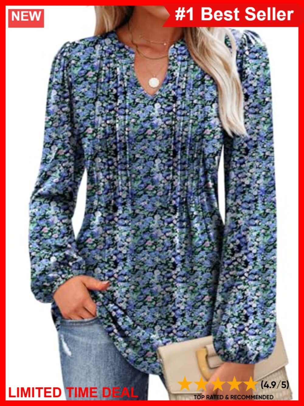 V Neck Puff Long Sleeve Pleated Tunic Blouse Loose Fit Casual Top